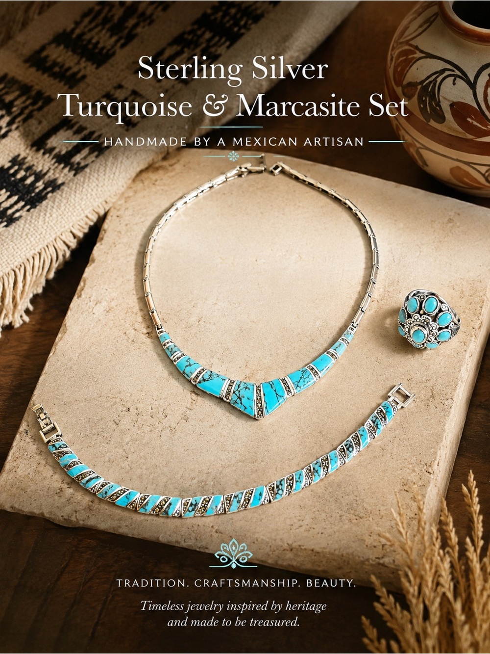 Sterling Silver Turquoise & Marcasite Set — Genuine Mexican Artisan Jewelry